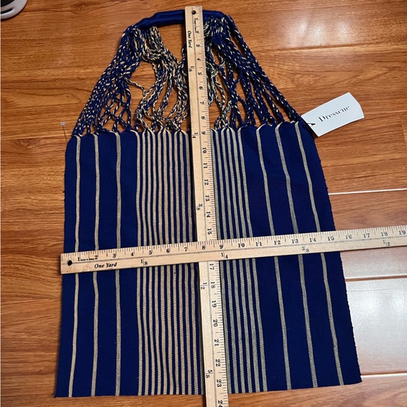 Cobalt Blue Oaxacan Woven Cotton Tote Blue Tan Stripes Hand Made New With Tags - Picture 4 of 8